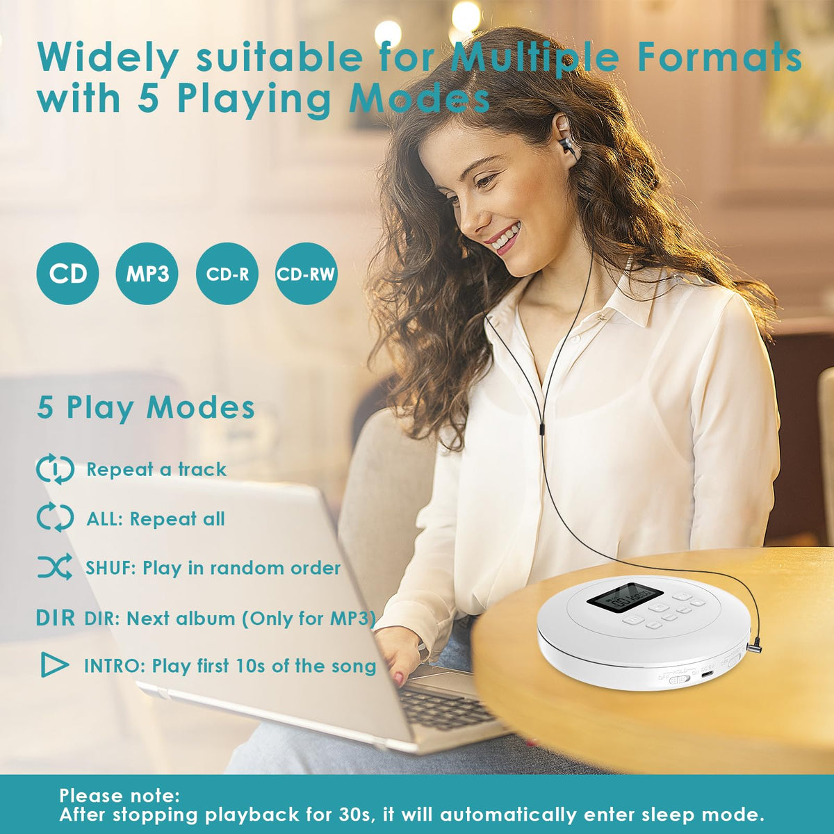 Portable CD Player with Headphones Jack USB AUX LCD Display White I9626