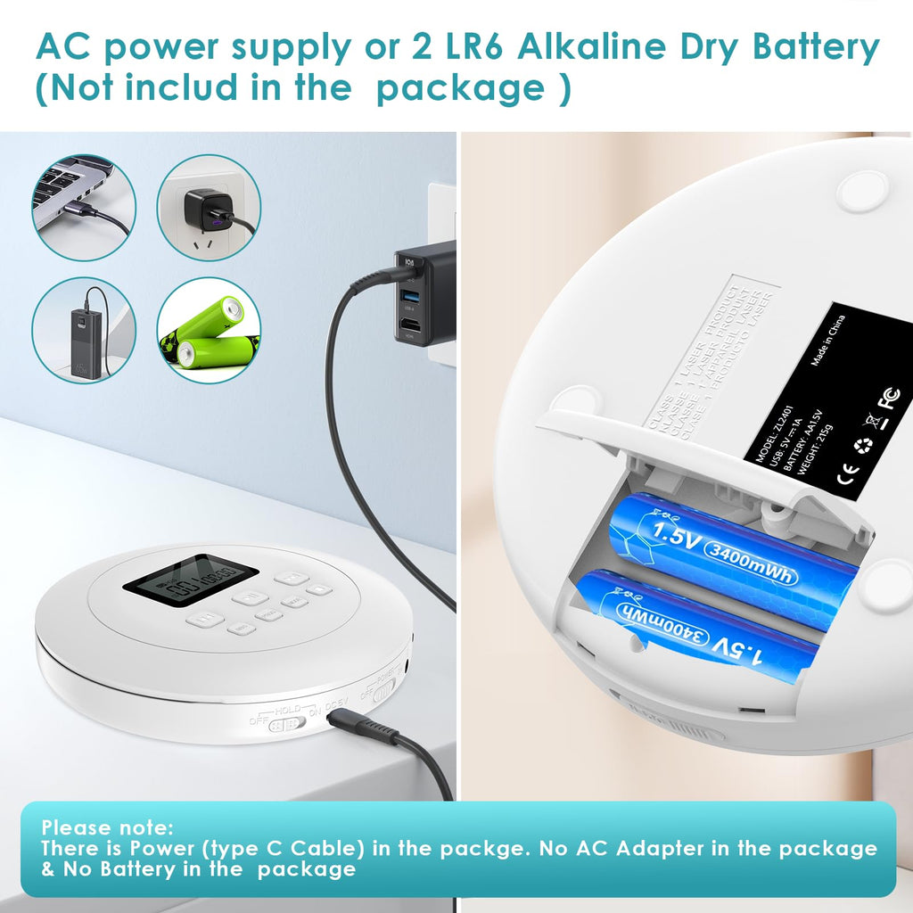 Portable CD Player with Headphones Jack USB AUX LCD Display White I9626