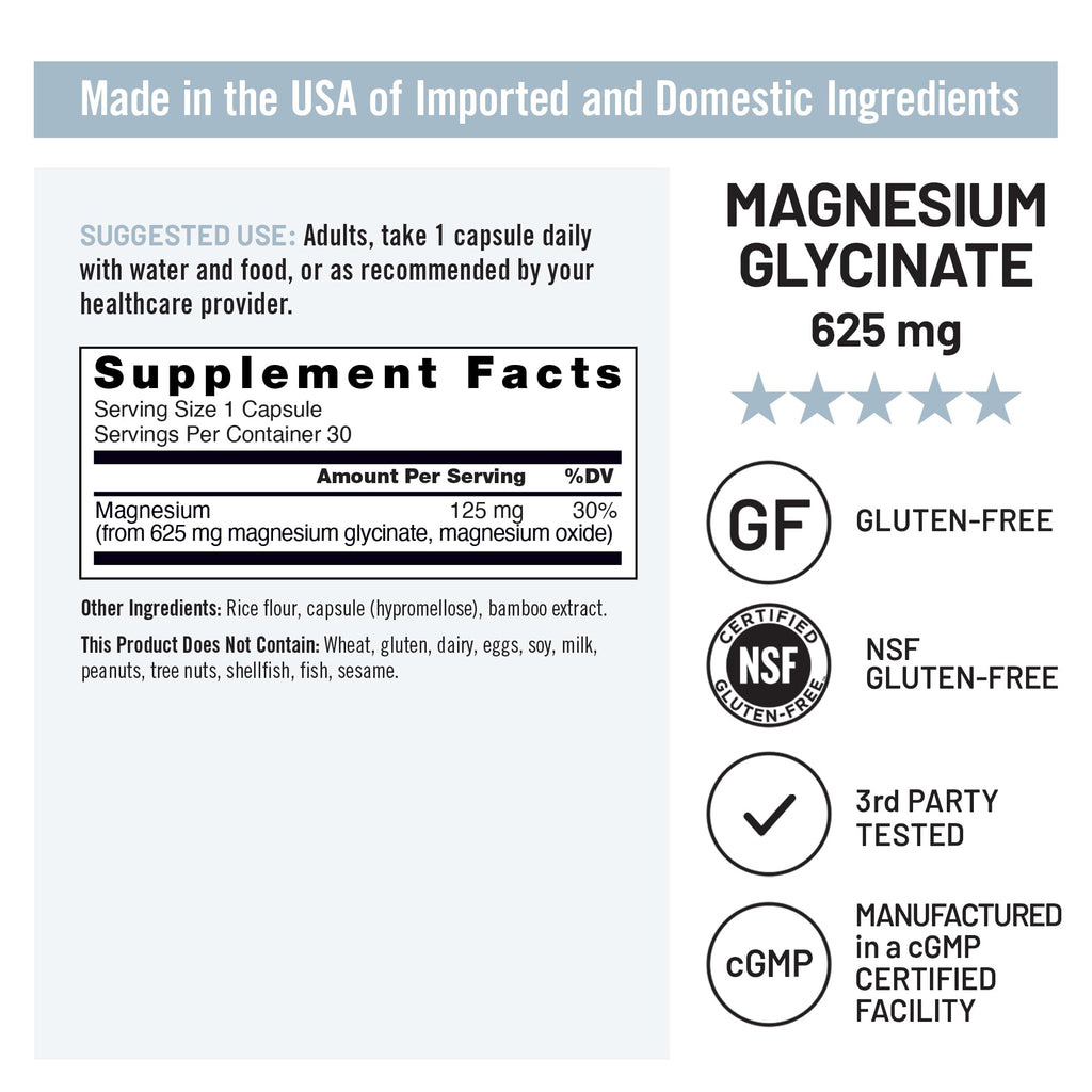 Magnesium Glycinate 625 mg Vegan 30 Capsules A76487