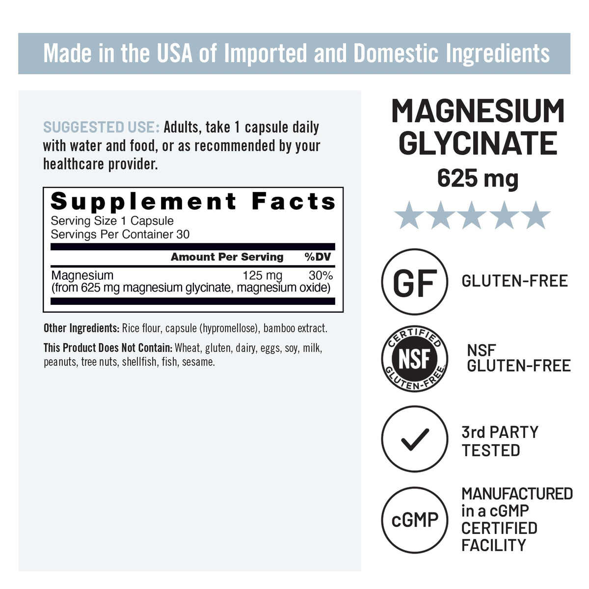 Magnesium Glycinate 625 mg Vegan 30 Capsules A76487