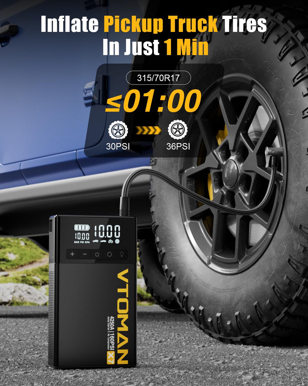 Jump Starter with Air Compressor, 160PSI Tire Inflator G637