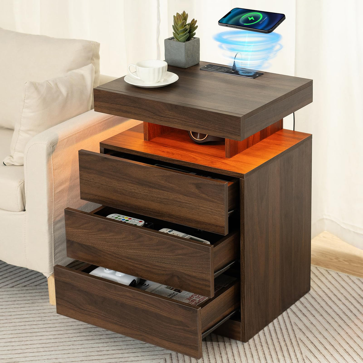 Rustic Brown 3 Drawer Nightstand with Wireless Charging Station F75264