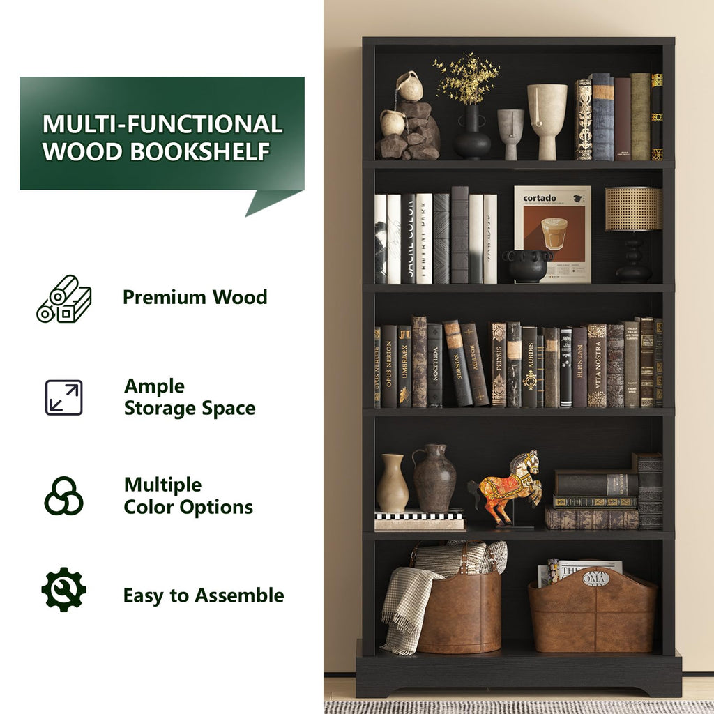 5 Tiers Wooden Bookshelf, 65.2" Tall 31.5" Wide Black H763347