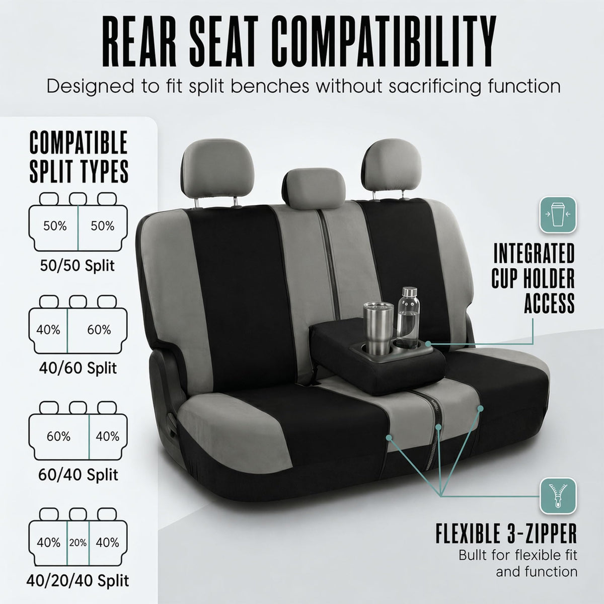 Gray Black Universal Fit Automotive Seat Covers Combo Set with Steering Wheel Cover and Seat Belt Pad Y427129