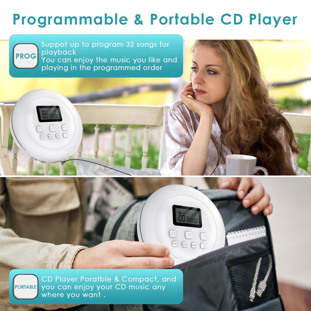 Portable CD Player with Headphones Jack USB AUX LCD Display White I9626