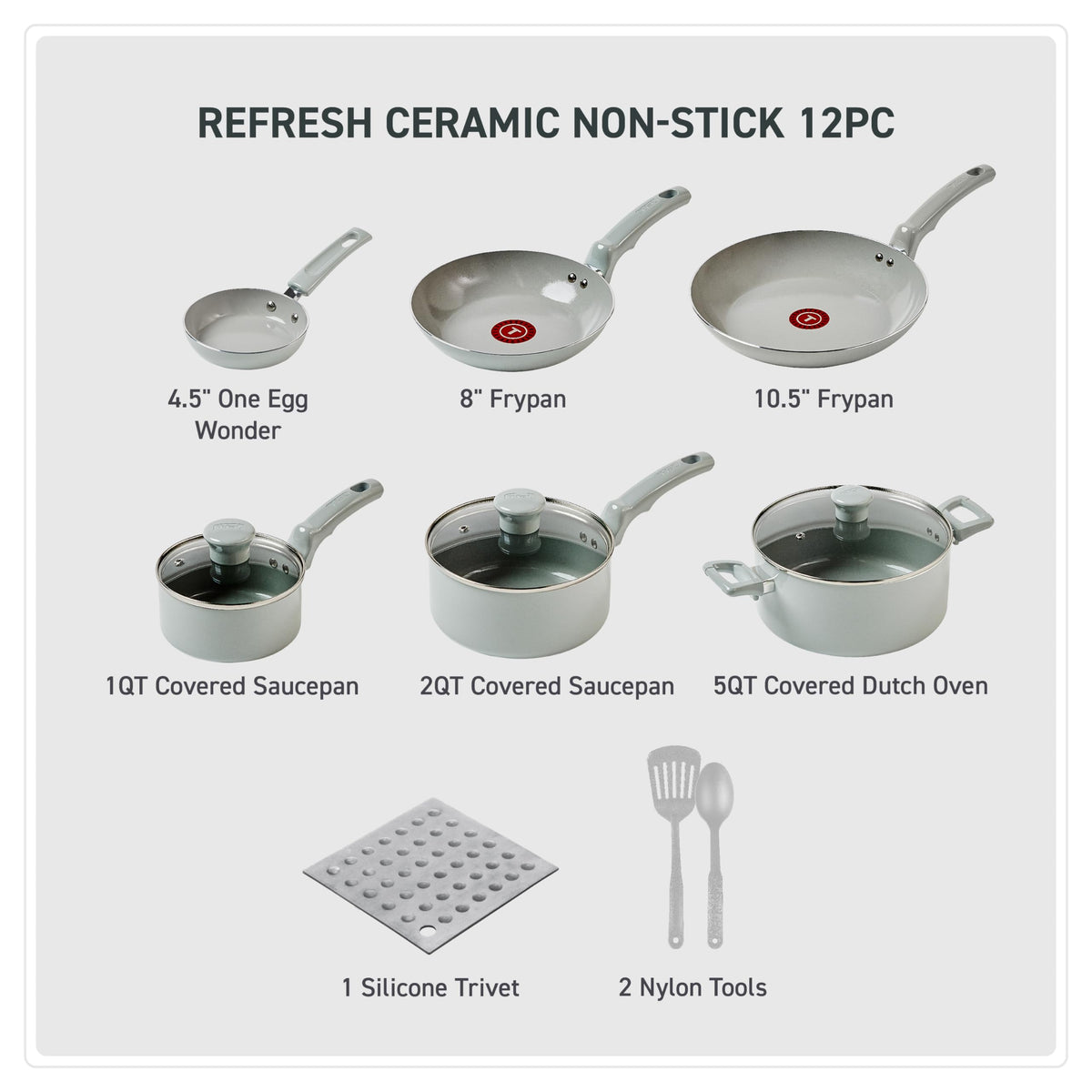 Ceramic Nonstick Pots and Pans Set, 12-Piece, Moon Grey E708048