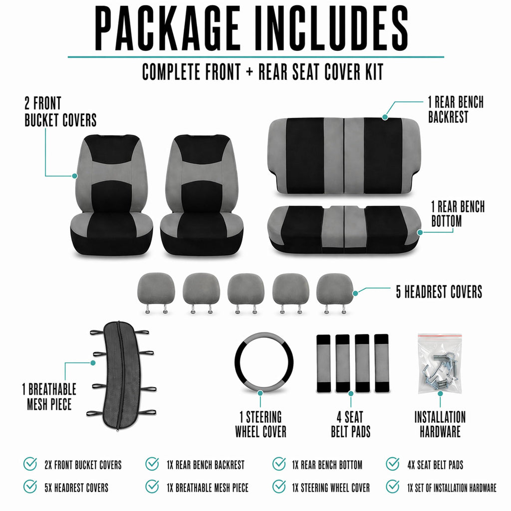 Gray Black Universal Fit Automotive Seat Covers Combo Set with Steering Wheel Cover and Seat Belt Pad Y427129