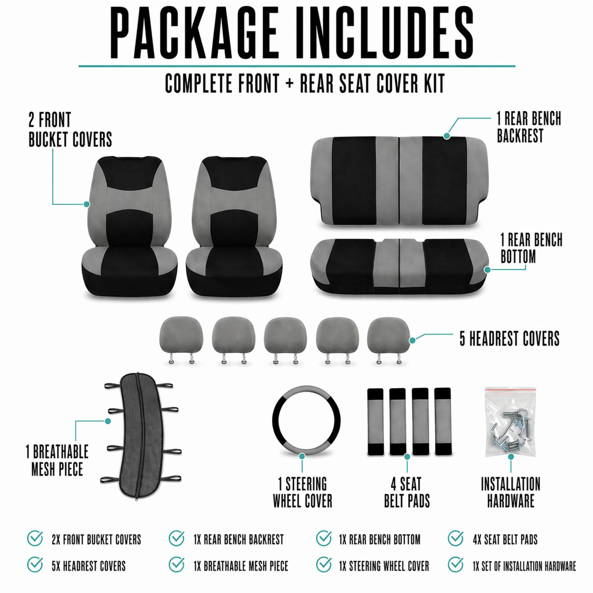 Gray Black Universal Fit Automotive Seat Covers Combo Set with Steering Wheel Cover and Seat Belt Pad Y427129