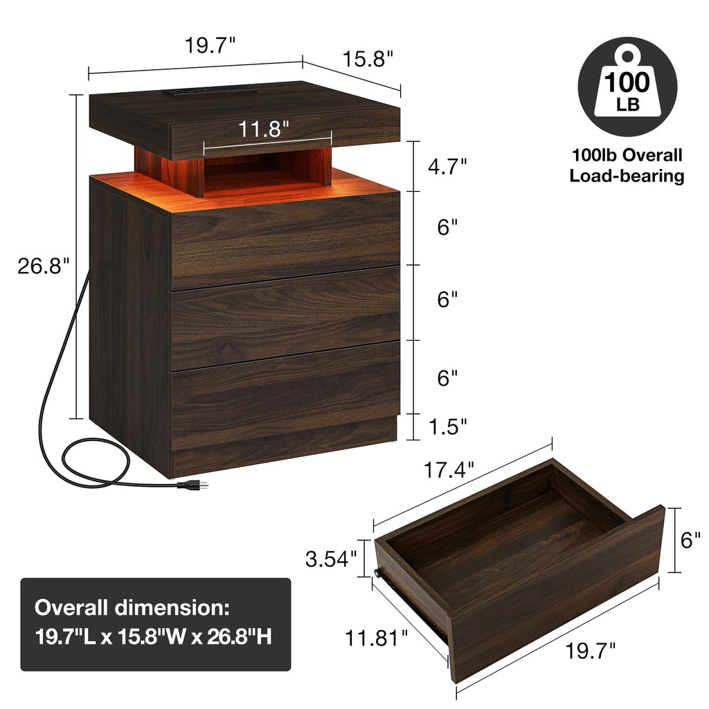 Rustic Brown 3 Drawer Nightstand with Wireless Charging Station F75264
