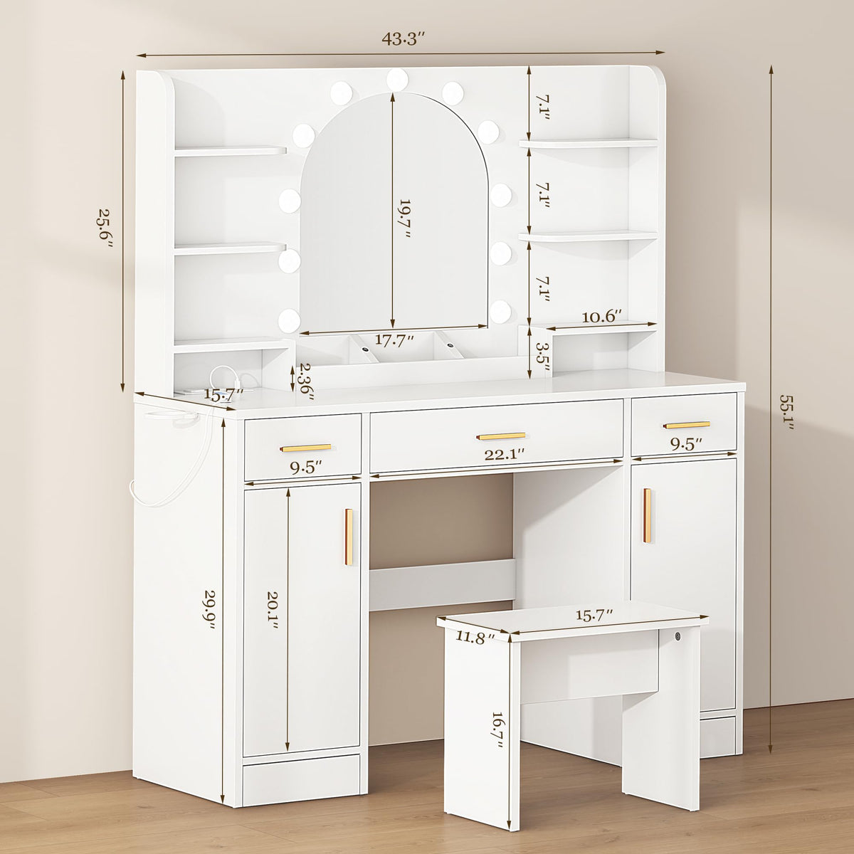 White Vanity Desk with Mirror and Lights U6236