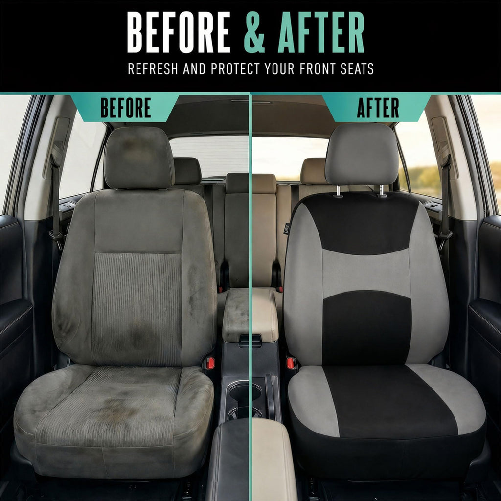 Gray Black Universal Fit Automotive Seat Covers Combo Set with Steering Wheel Cover and Seat Belt Pad Y427129