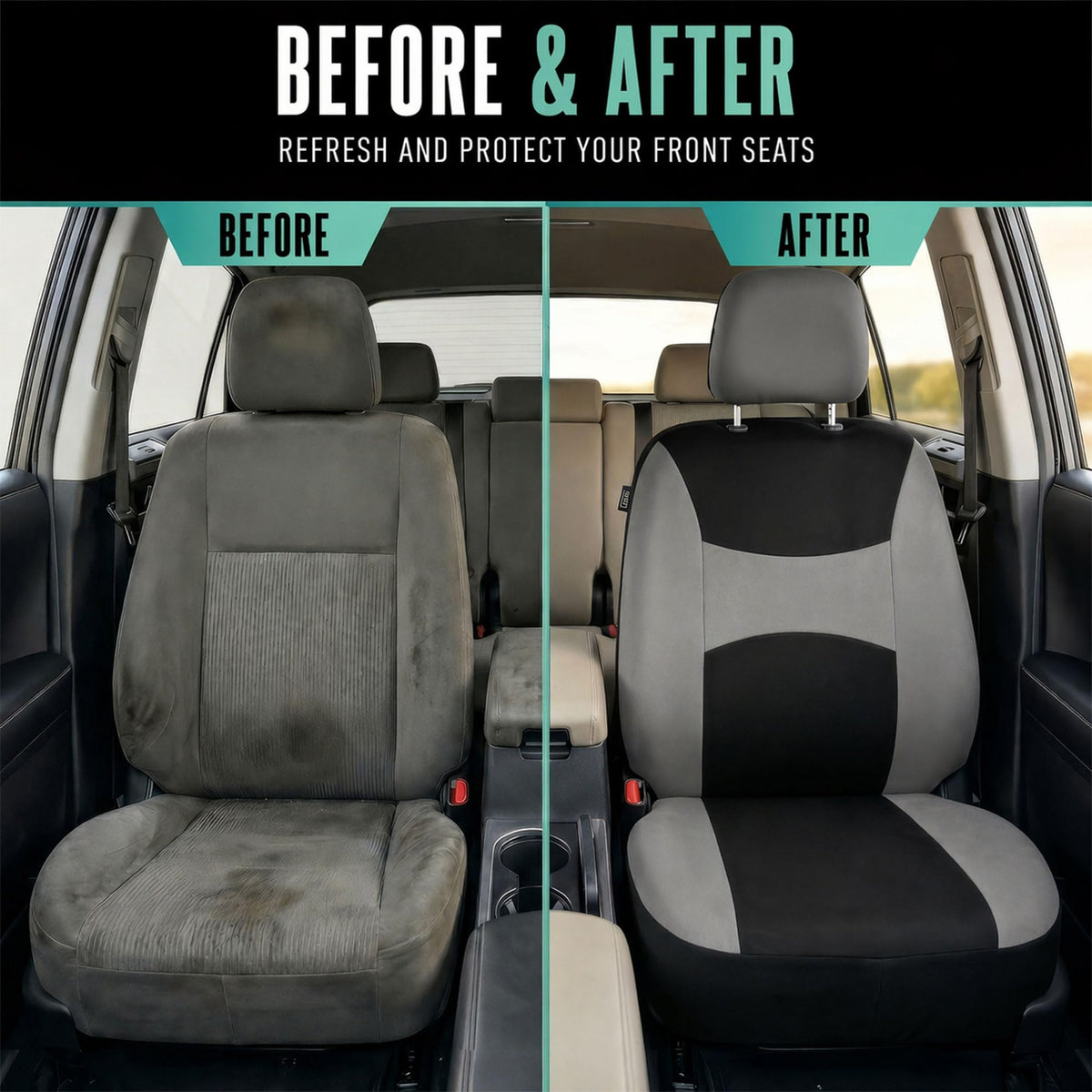 Gray Black Universal Fit Automotive Seat Covers Combo Set with Steering Wheel Cover and Seat Belt Pad Y427129