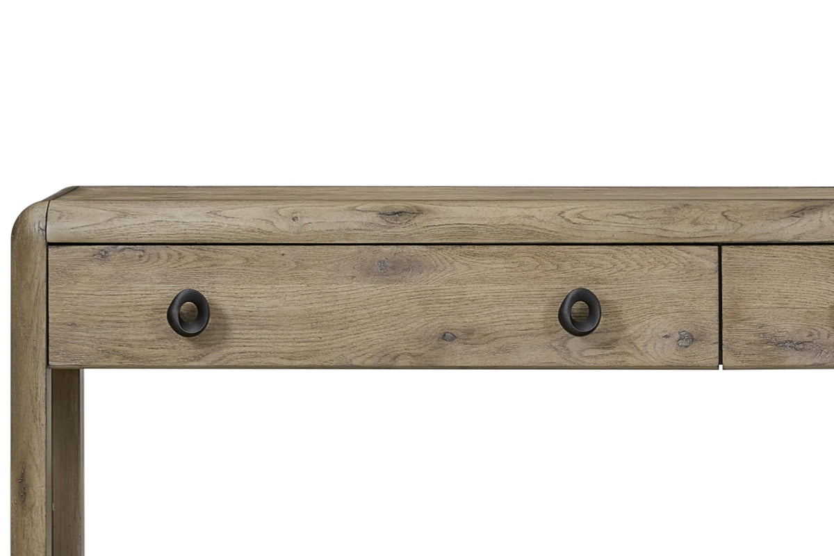 English Knotty Oak Console Table, Solid Wood and Engineered Wood Veneer, Two Self-Closing Drawers, Open Lower Shelf, Rounded Edges, 72 x 16 x 32.25 Inchs, Oak Finish I46965