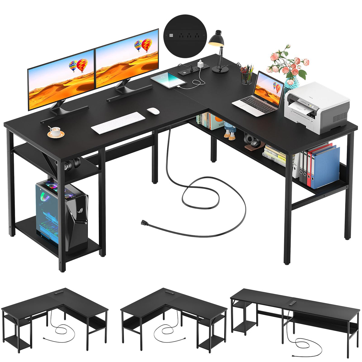 Black Reversible L Shaped Computer Desk with Power Outlets and Storage Shelves D295878
