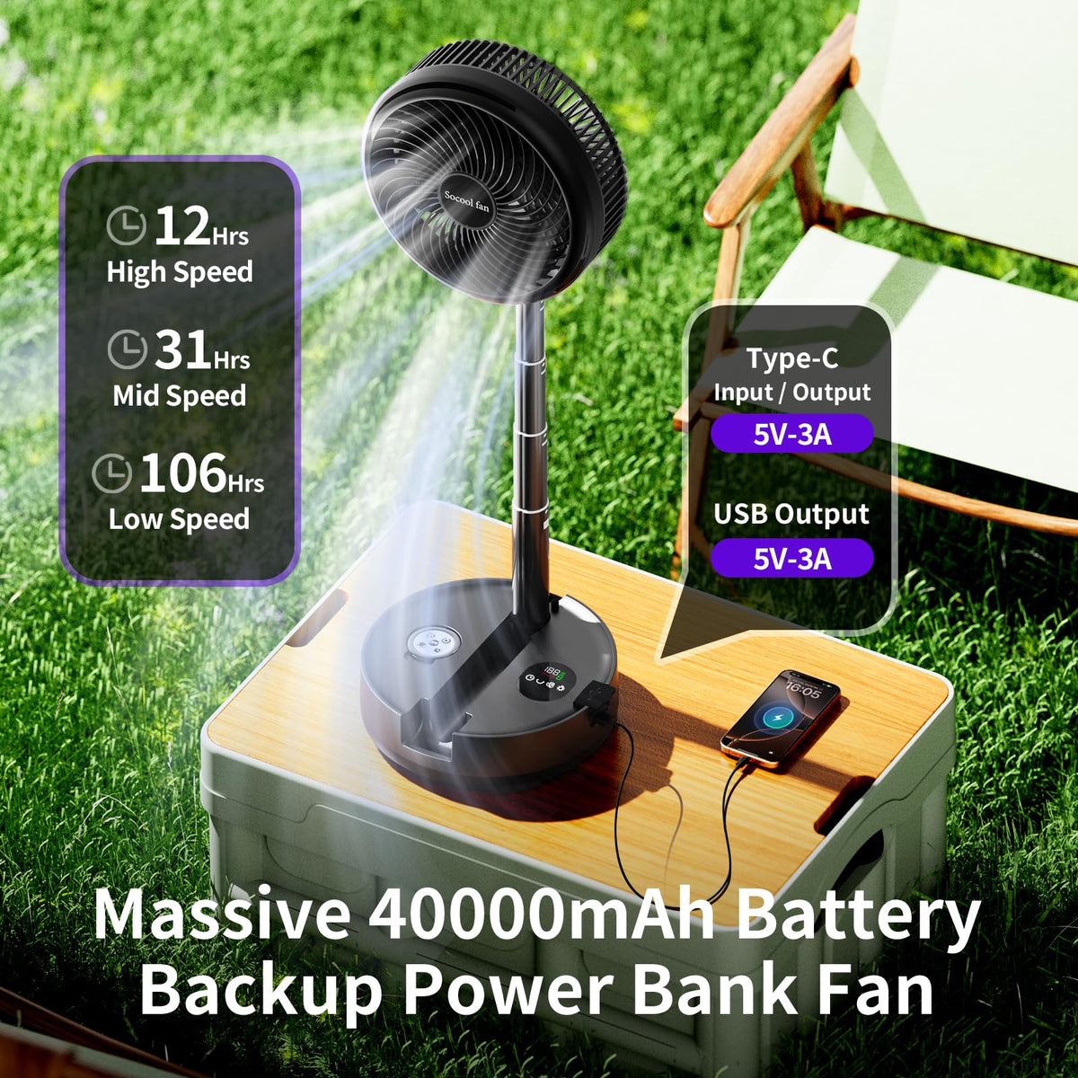 40000mAh Rechargeable Portable Fan with 8 Speed S60518