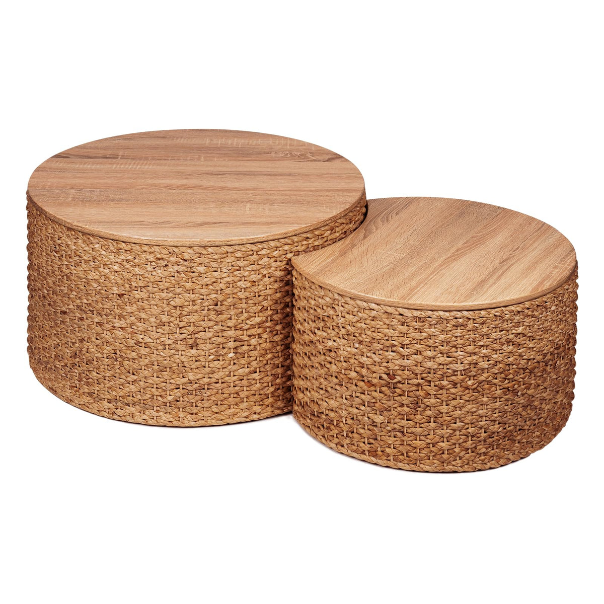 Round Nesting Coffee Table Set of 2 with Storage Wicker Rattan Wood Frame Q87929