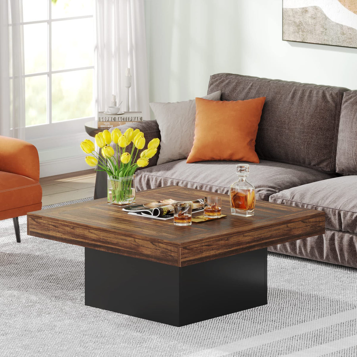 35.4-Inch Square Wood Coffee Table with LED Light L5593