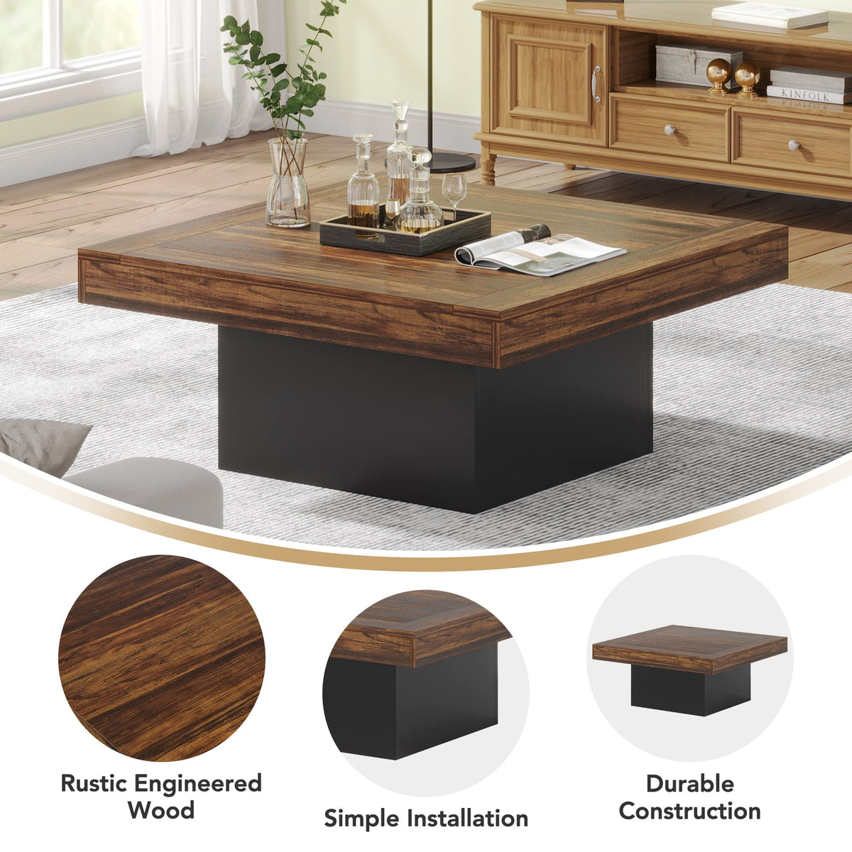 35.4-Inch Square Wood Coffee Table with LED Light L5593