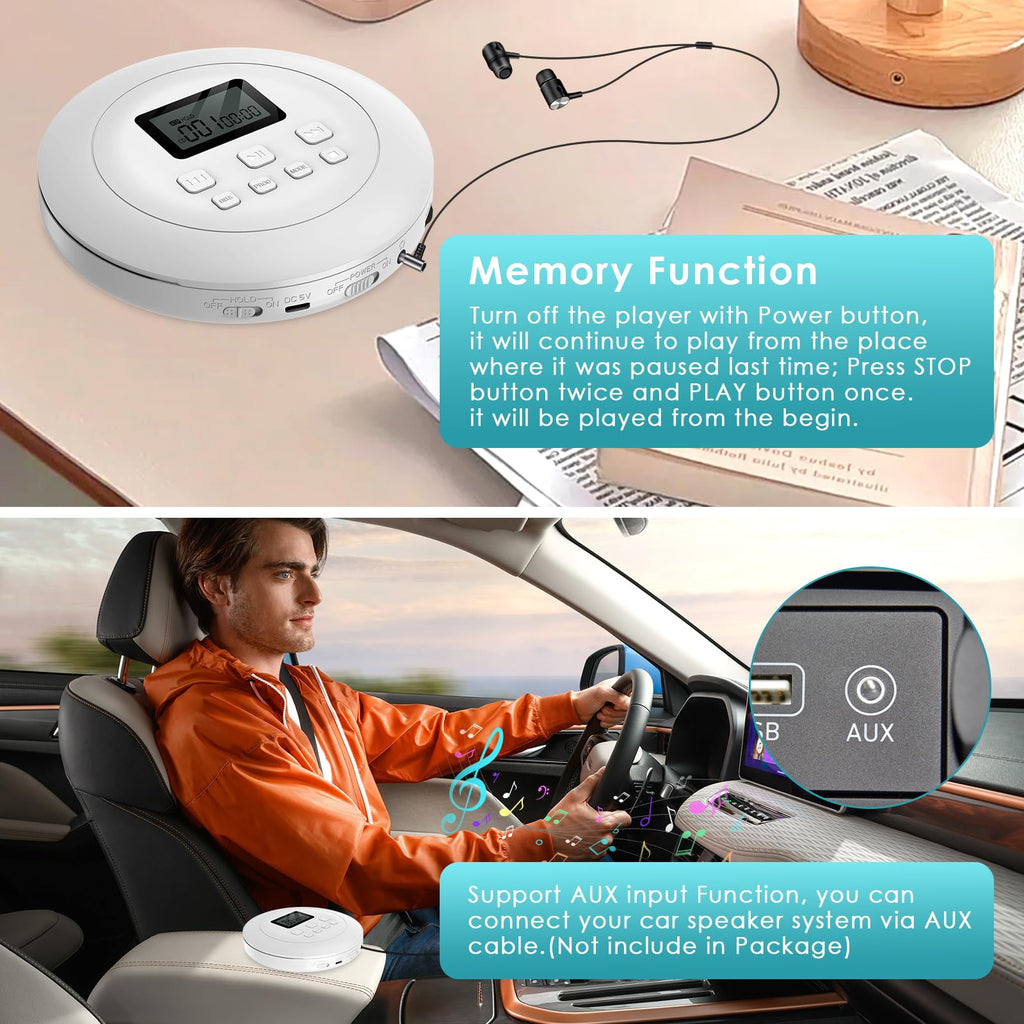 Portable CD Player with Headphones Jack USB AUX LCD Display White I9626