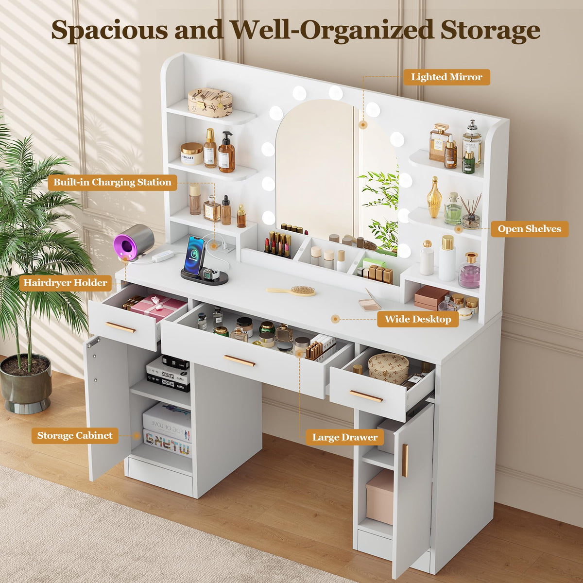 White Vanity Desk with Mirror and Lights U6236