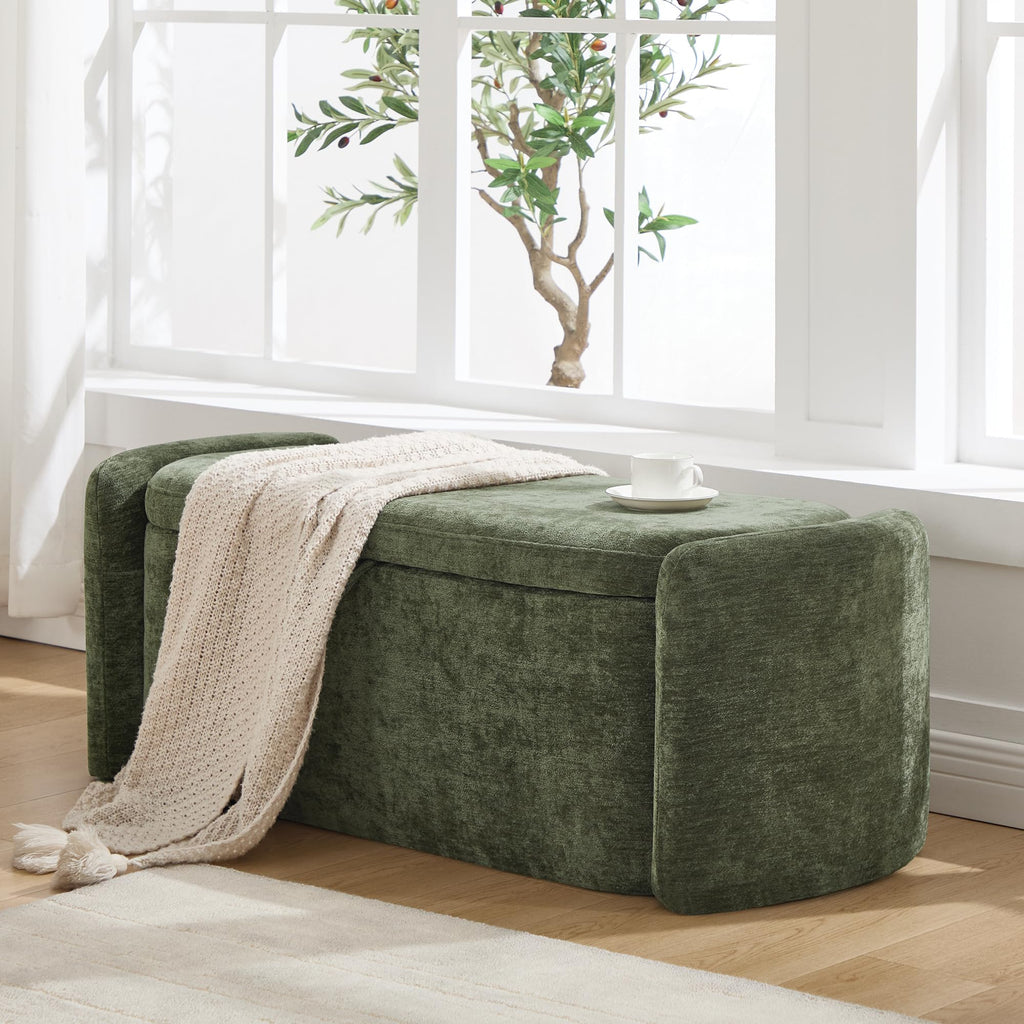 Green Chenille Upholstered Storage Ottoman Bench S24354