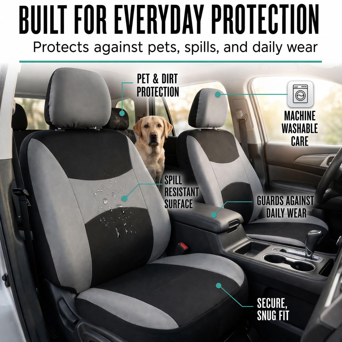 Gray Black Universal Fit Automotive Seat Covers Combo Set with Steering Wheel Cover and Seat Belt Pad Y427129