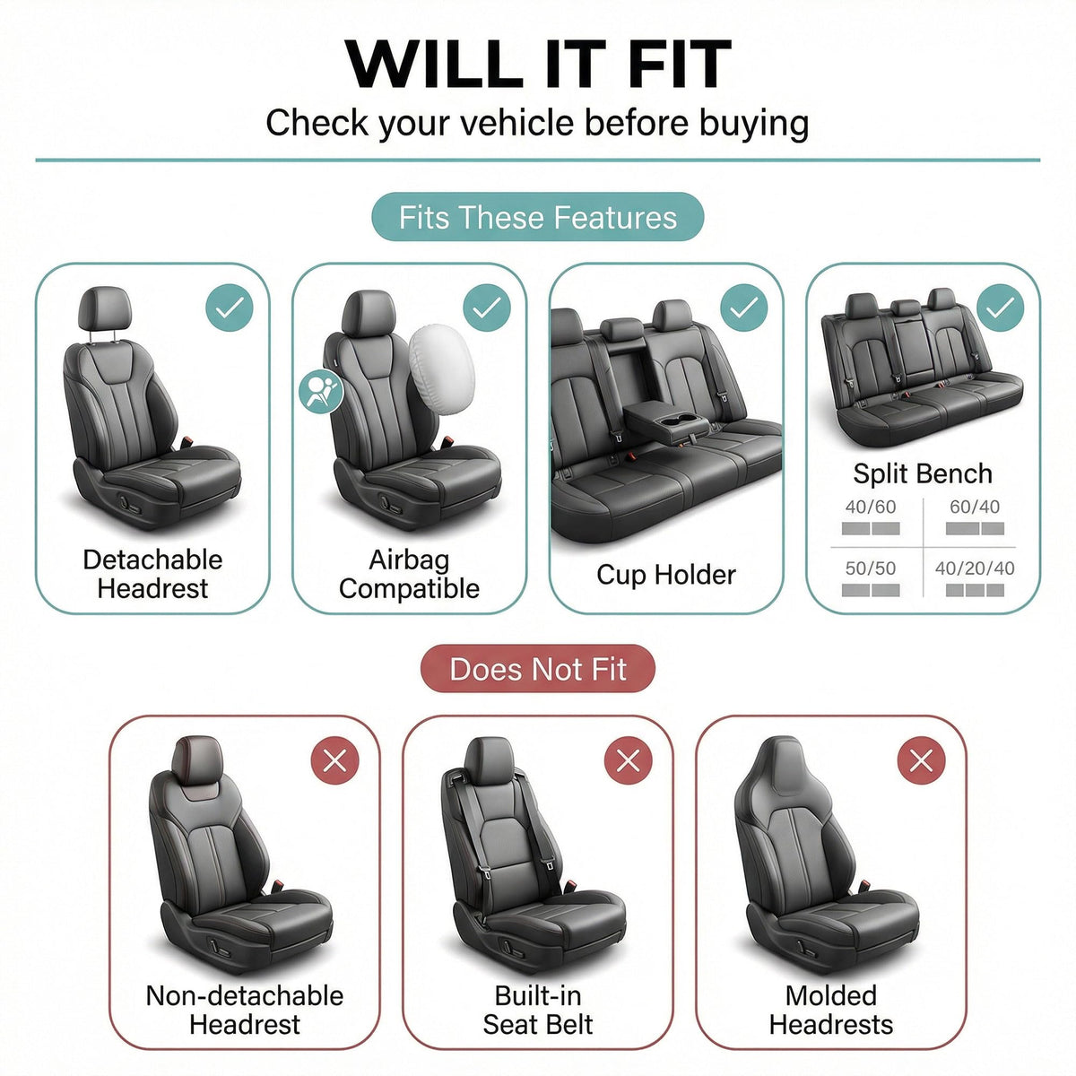 Gray Black Universal Fit Automotive Seat Covers Combo Set with Steering Wheel Cover and Seat Belt Pad Y427129
