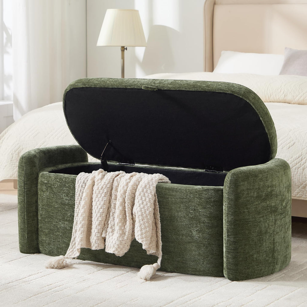 Green Chenille Upholstered Storage Ottoman Bench S24354
