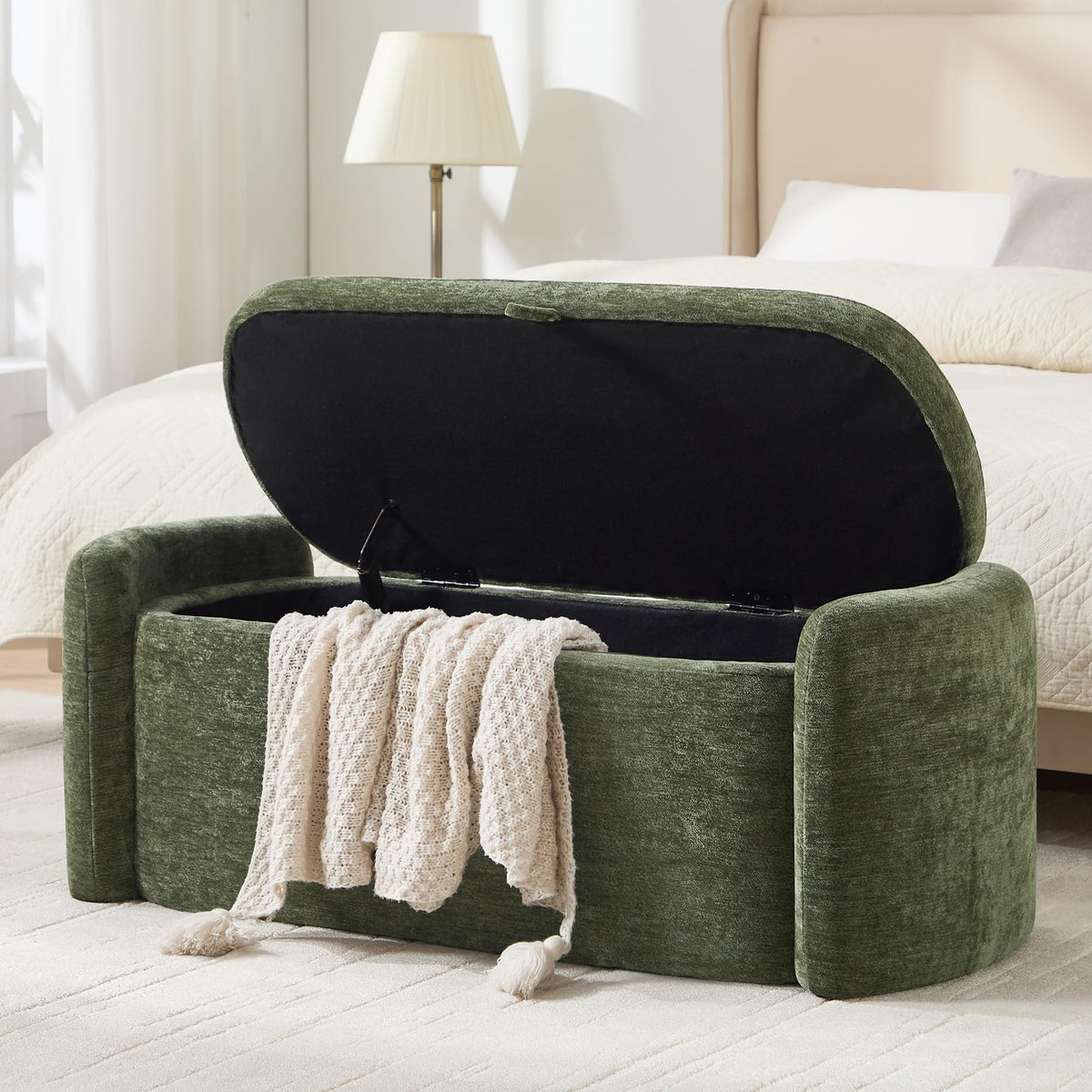 Green Chenille Upholstered Storage Ottoman Bench S24354