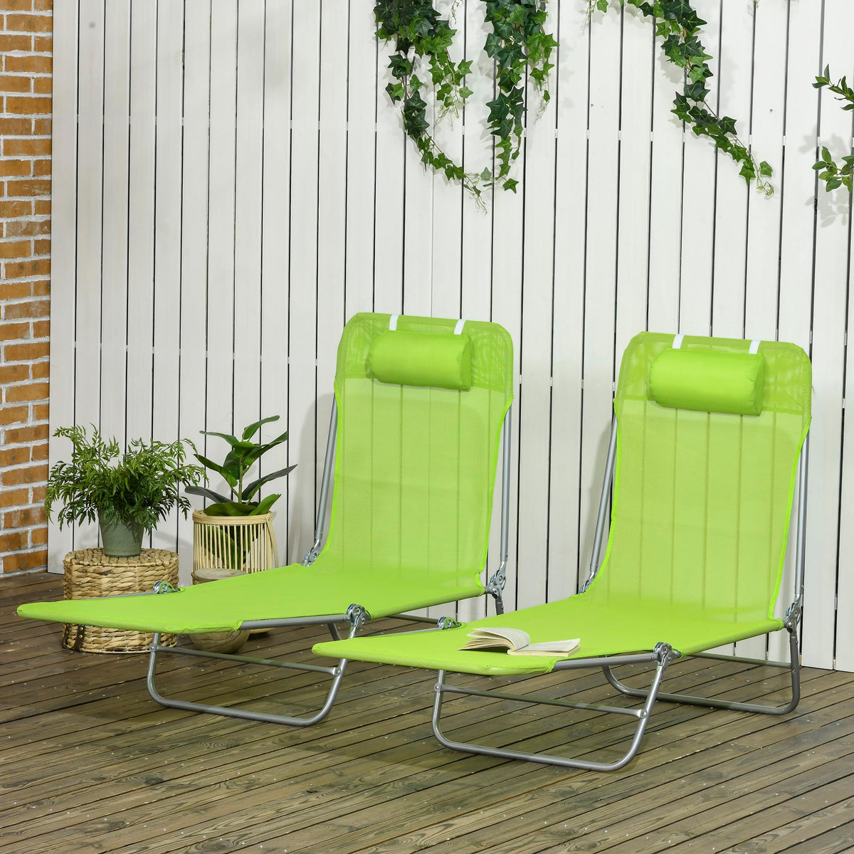 2 Piece Folding Chaise Lounge Chairs Reclining Back Green H527383