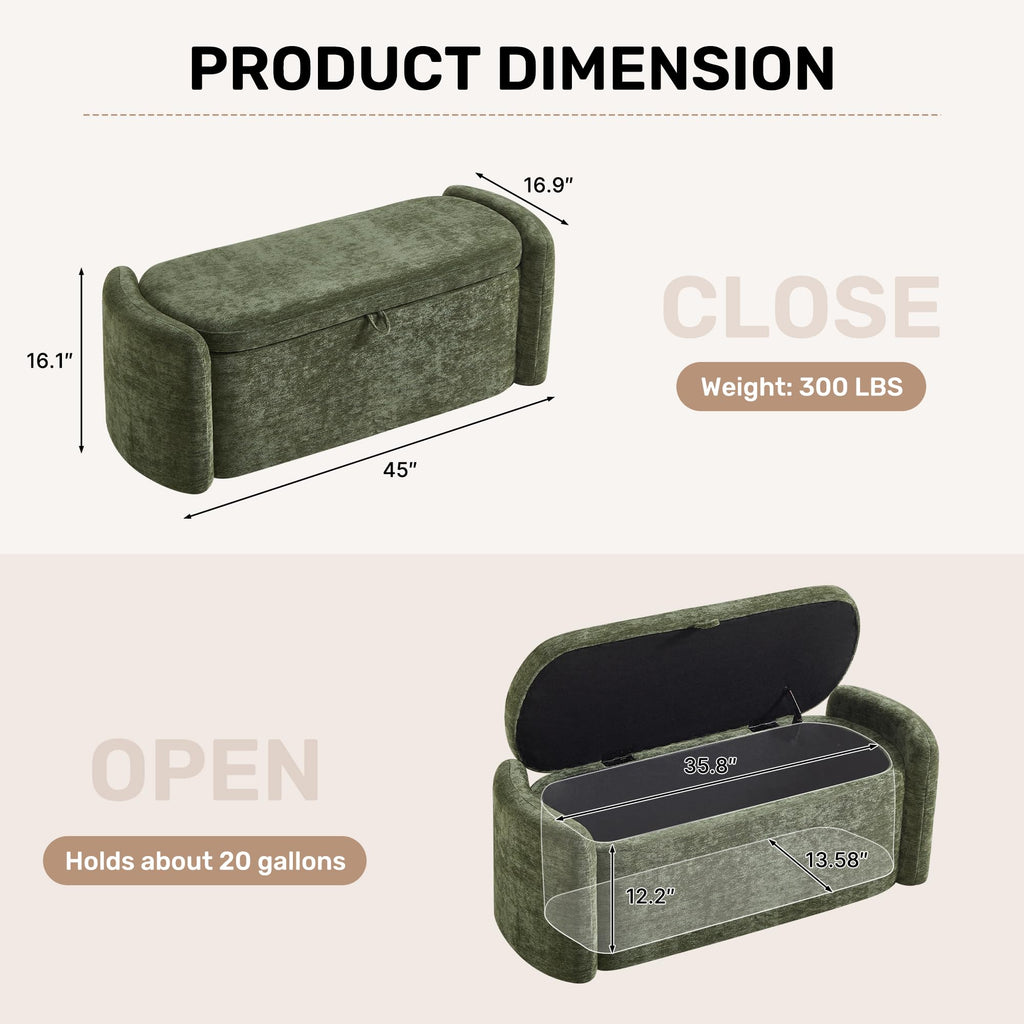 Green Chenille Upholstered Storage Ottoman Bench S24354