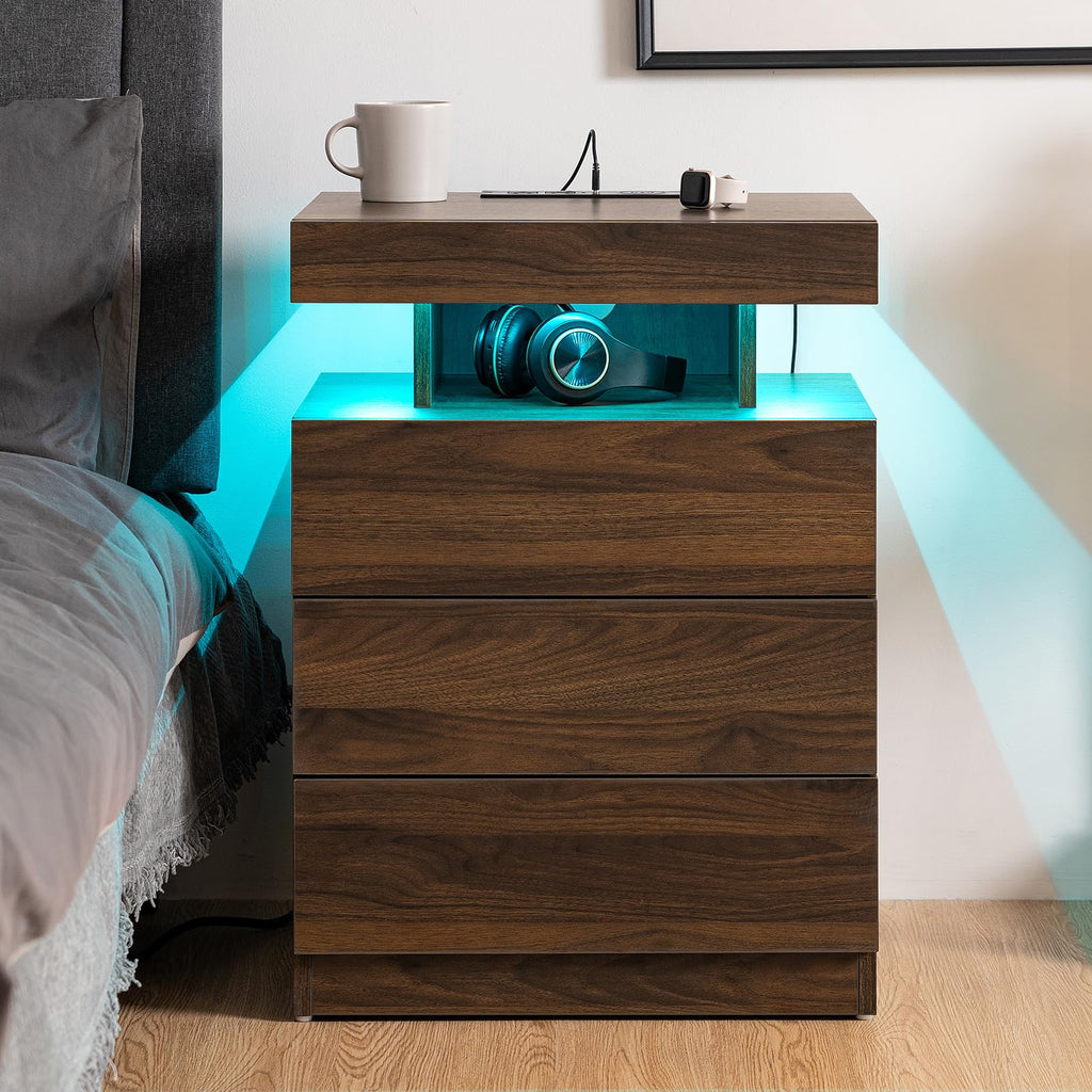 Rustic Brown 3 Drawer Nightstand with Wireless Charging Station F75264