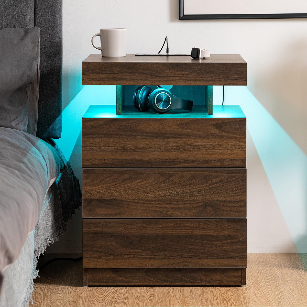 Rustic Brown 3 Drawer Nightstand with Wireless Charging Station F75264