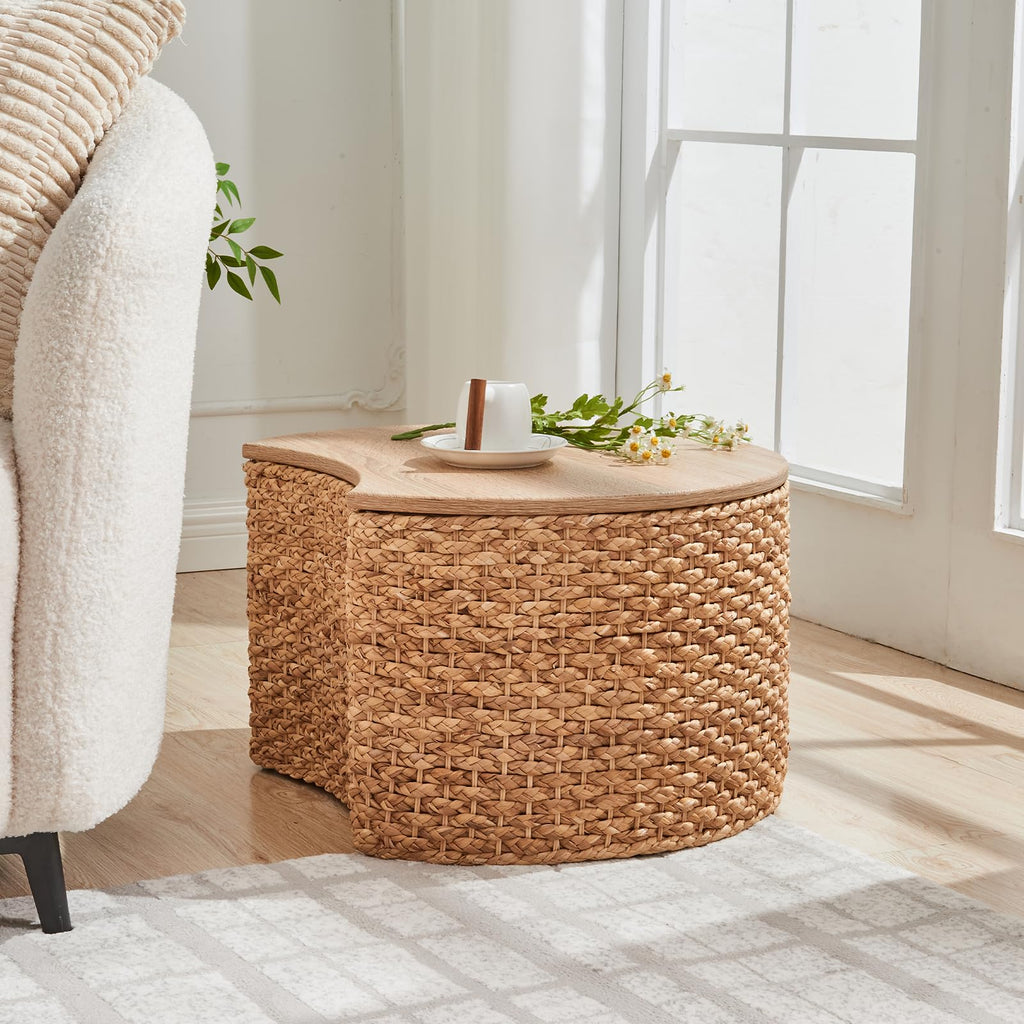 Round Nesting Coffee Table Set of 2 with Storage Wicker Rattan Wood Frame Q87929
