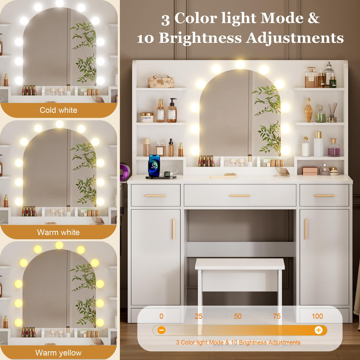 White Vanity Desk with Mirror and Lights U6236