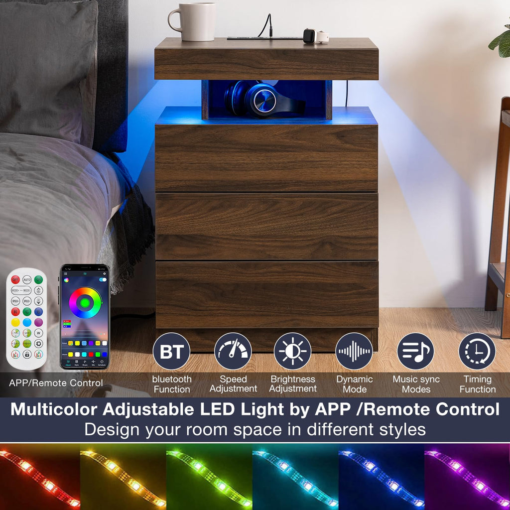 Rustic Brown 3 Drawer Nightstand with Wireless Charging Station F75264
