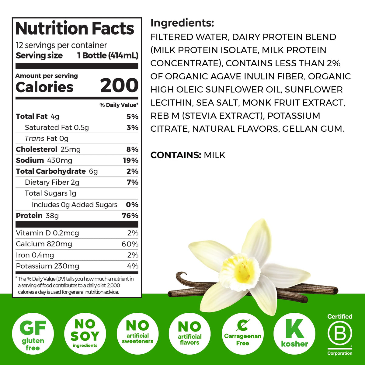 High Protein Grass-Fed Shake, Vanilla, 14 oz, 12pk A39994