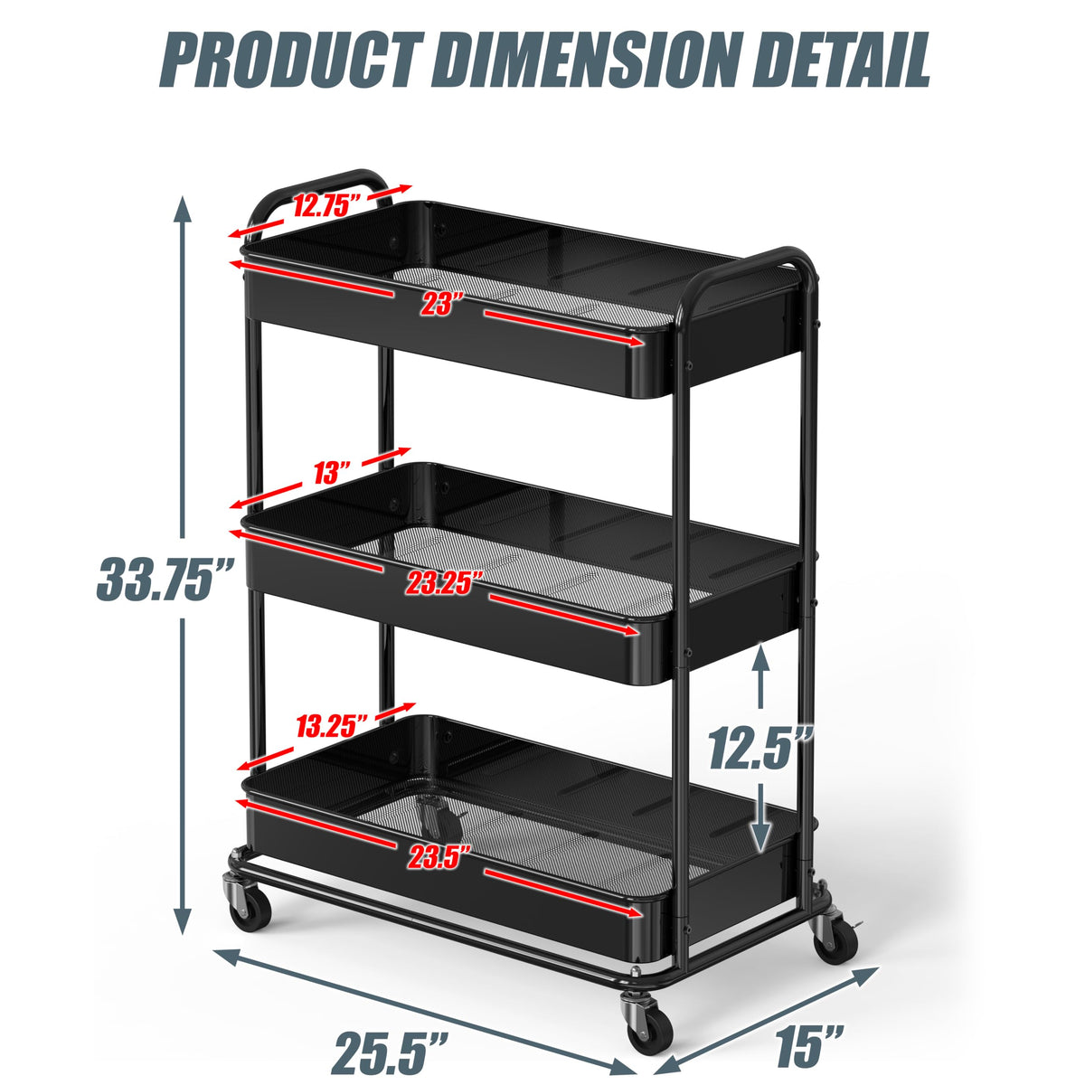 26" 3-Tier Metal Utility Cart, Black I827100