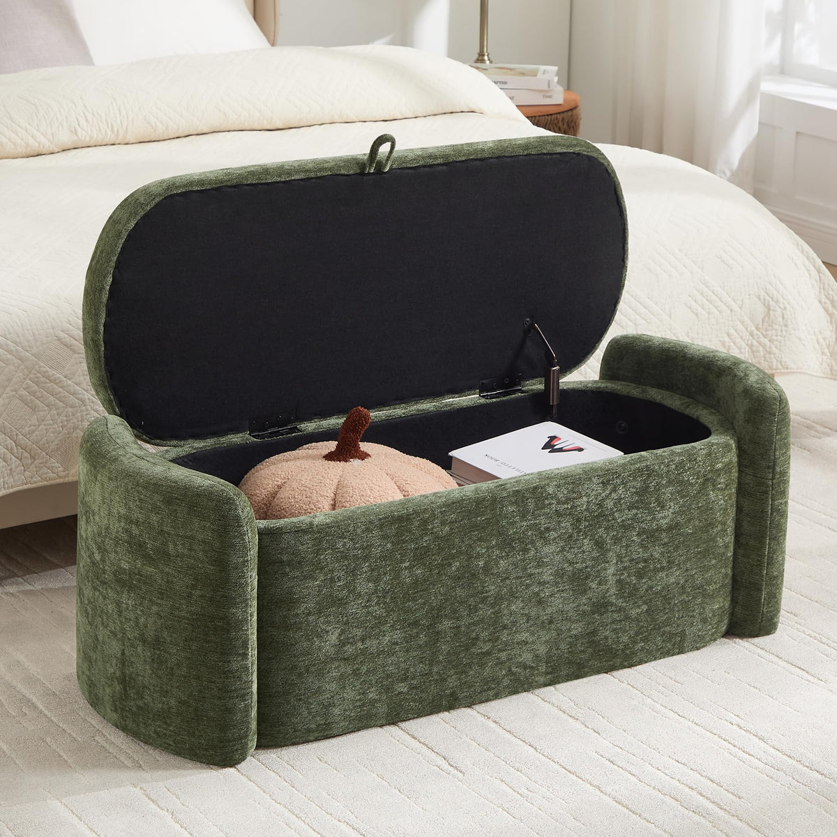Green Chenille Upholstered Storage Ottoman Bench S24354