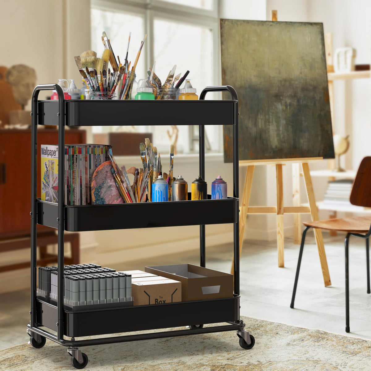 26" 3-Tier Metal Utility Cart, Black I827100