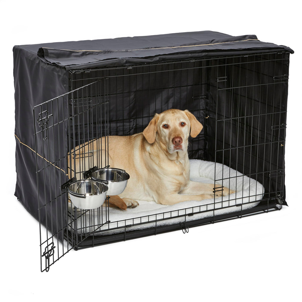 42-inch Double Door Dog Crate with Pet Bed, 2 Bowls and Privacy Cover J660046