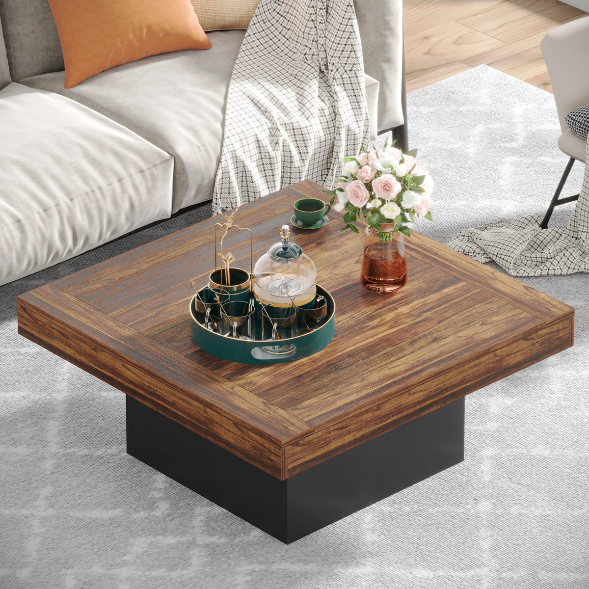 35.4-Inch Square Wood Coffee Table with LED Light L5593