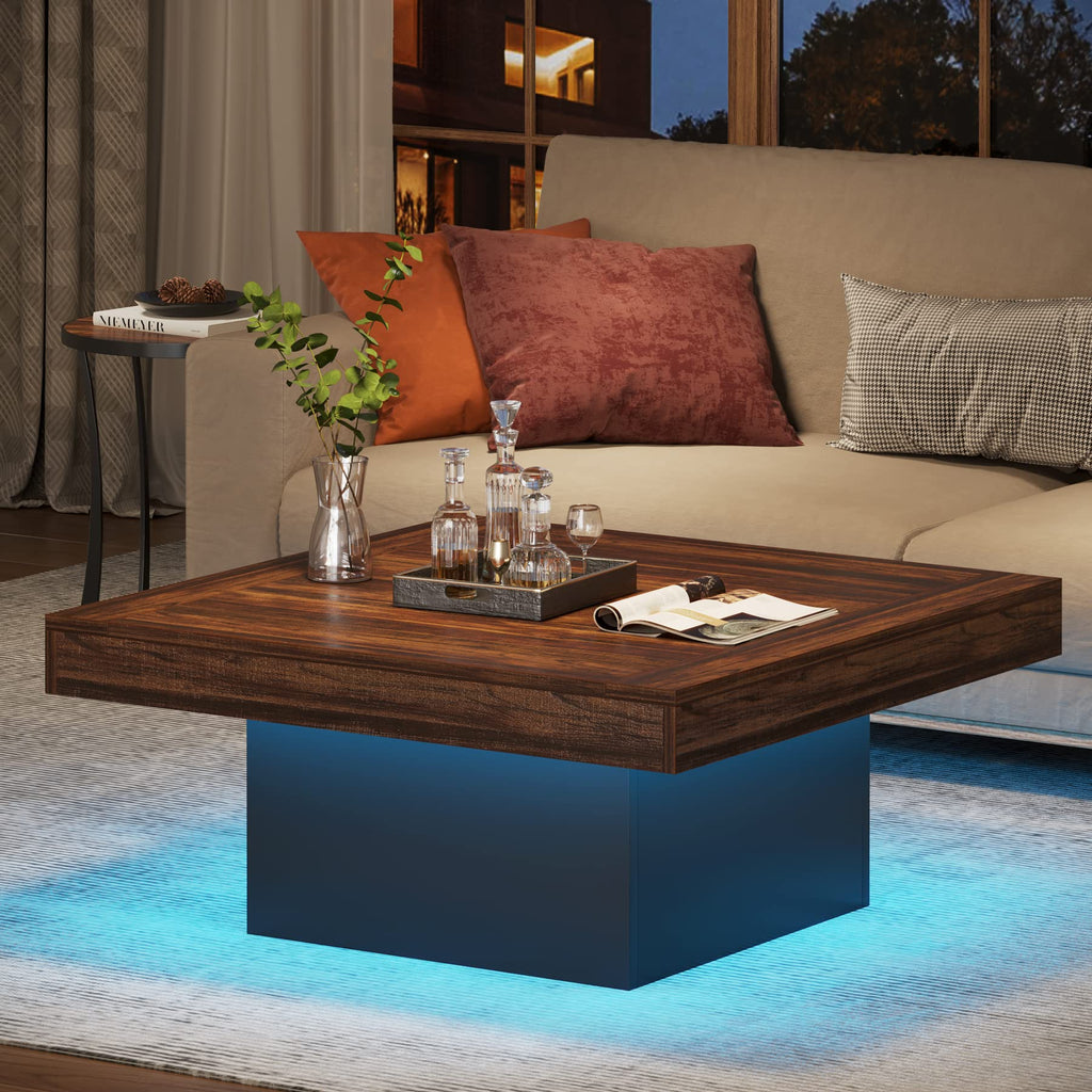 35.4-Inch Square Wood Coffee Table with LED Light L5593