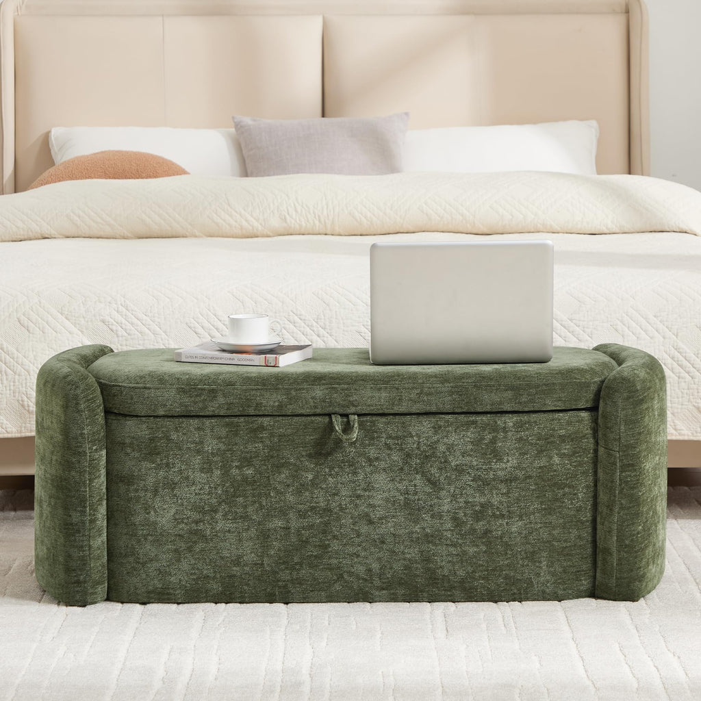 Green Chenille Upholstered Storage Ottoman Bench S24354