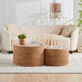 Round Nesting Coffee Table Set of 2 with Storage Wicker Rattan Wood Frame Q87929