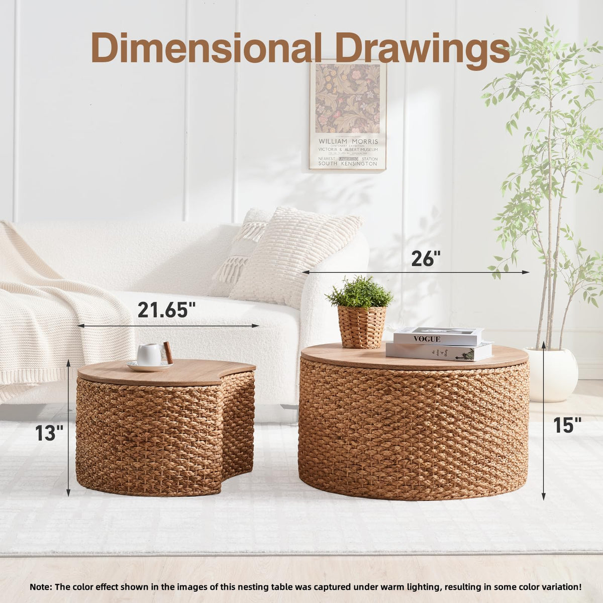 Round Nesting Coffee Table Set of 2 with Storage Wicker Rattan Wood Frame Q87929