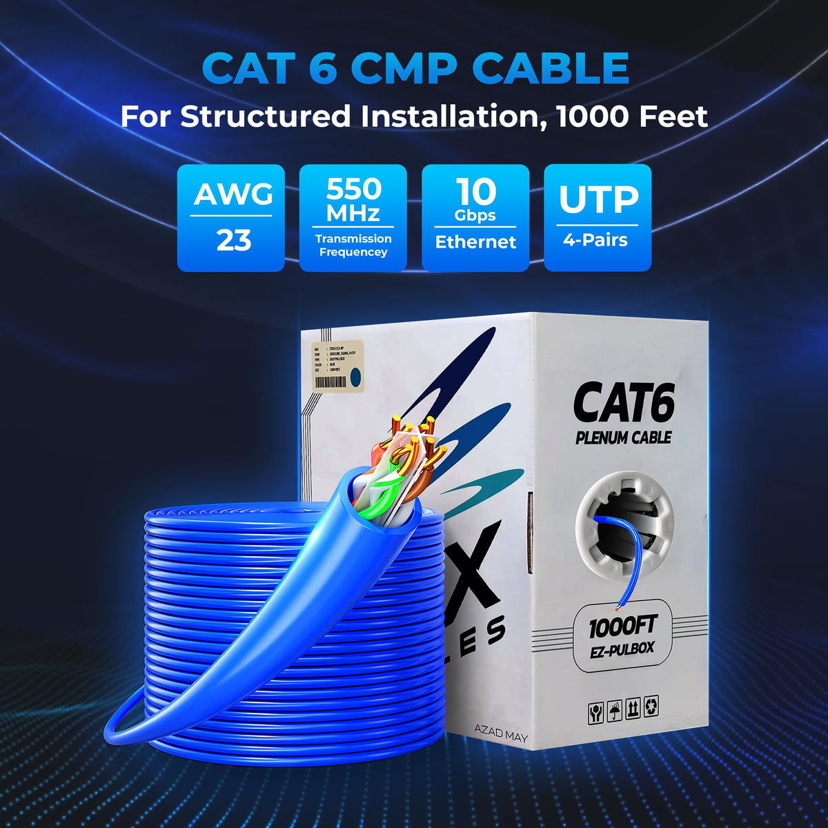 CAT6 Plenum Ethernet Cable 1000ft 23AWG UTP Blue I3653
