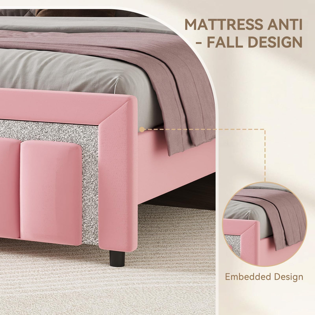 Twin Bed Frames with Upholstered Headboard, Pink A716943