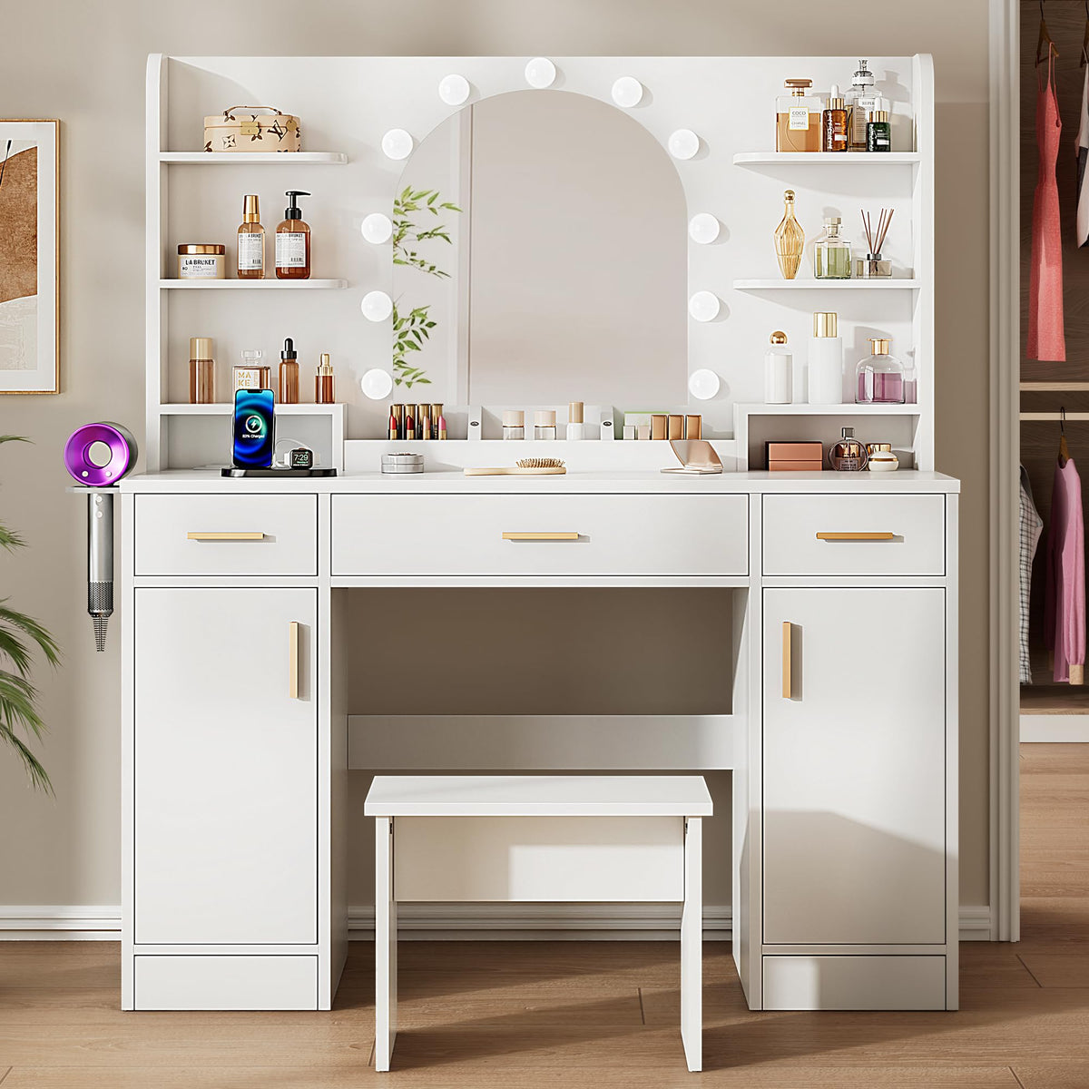 White Vanity Desk with Mirror and Lights U6236