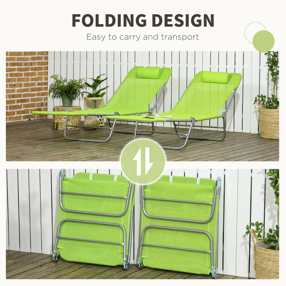 2 Piece Folding Chaise Lounge Chairs Reclining Back Green H527383